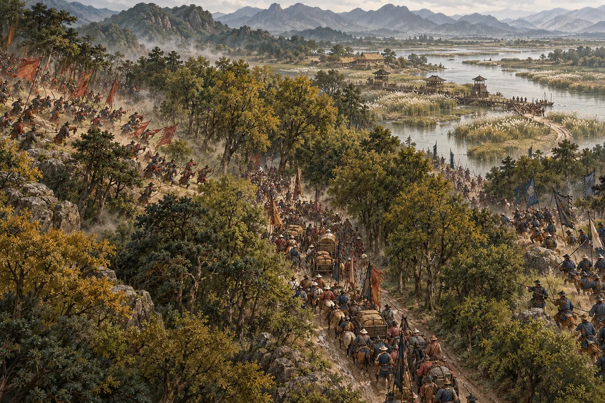 石亭之戰題材插畫：皖、石亭一帶的戰場意象